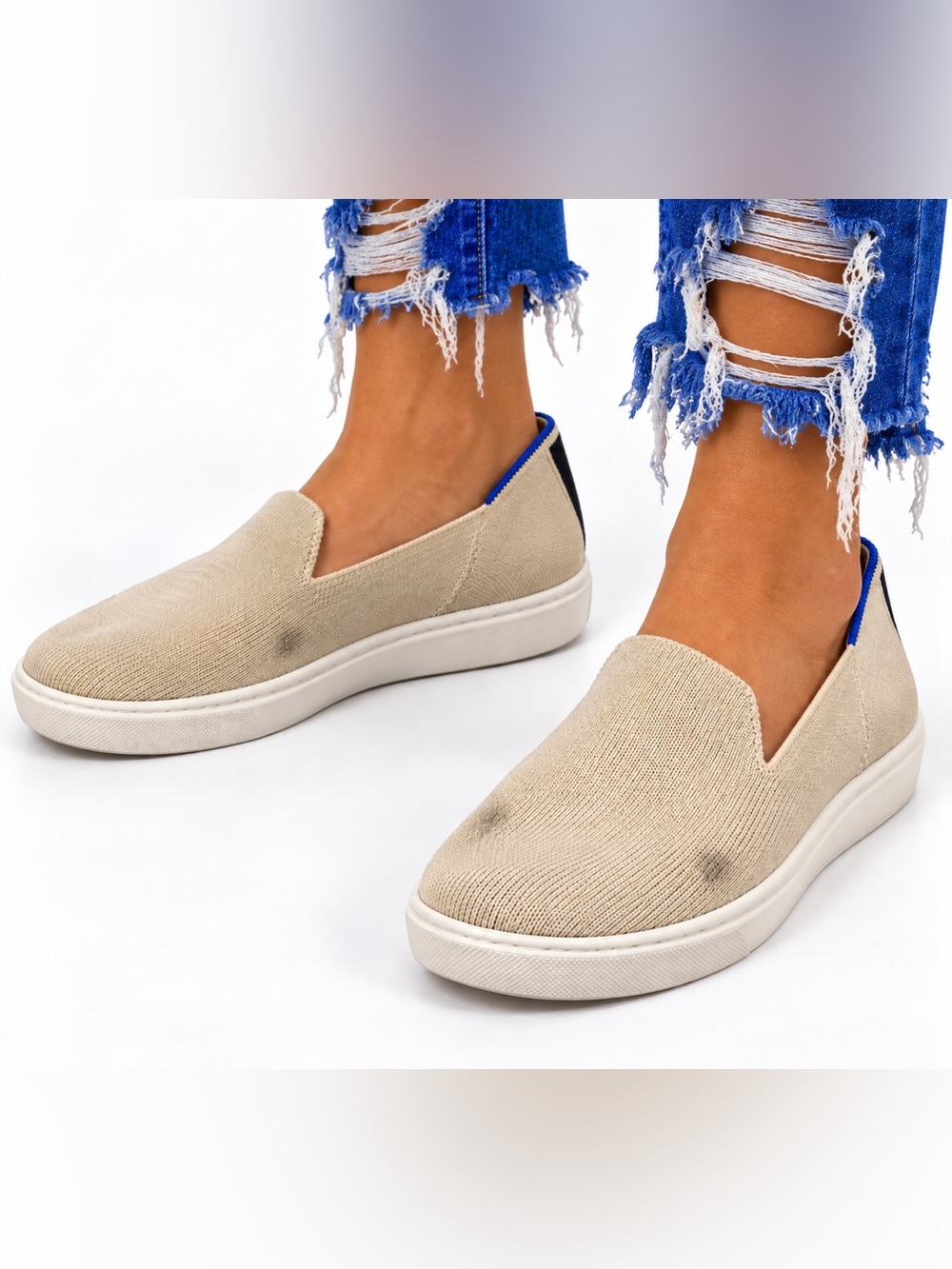 Rothy's Beige Knit Slip-On Sneakers with Blue Heel Tab - Women